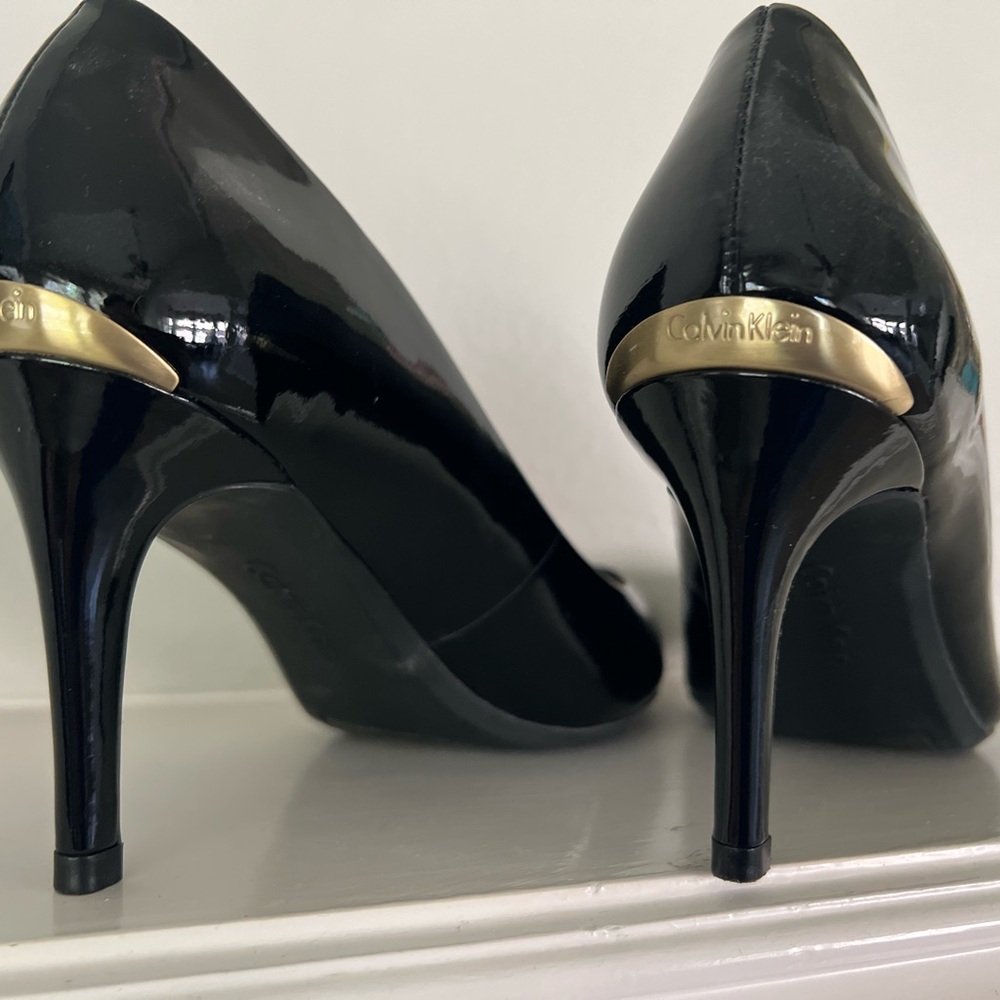 Calvin Klein Glossy Black Heels with Gold Detail